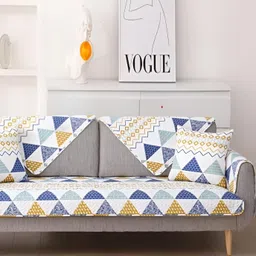 HomeCloud Blue & White 5 Pieces Printed Sofa Covers With Arms-image-6