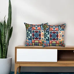 Tasseled Home Green & Peach 2 Pieces Floral Printed Velvet Square Cushion Covers-image-89
