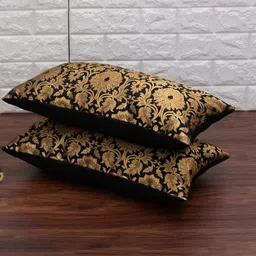 RoyalDeco Black & Gold Toned 2 Pieces Ethnic Motifs Woven Design Rectangle Cushion Covers-45