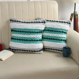 Furnistitchs Green & White 2 Pcs Cotton Square Cushion Covers-image-87