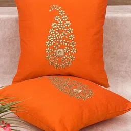 RoyalDeco Orange & Gold Toned 2 Pieces Ethnic Motifs Silk Cushion Covers-4