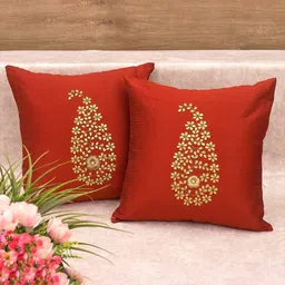 RoyalDeco Maroon and Gold Toned 2 Pieces Cushion Cover-25
