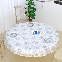 MONKDECOR White & Blue Floral Printed Cotton 2 Seater Table Cover With Lace Details-picture-58