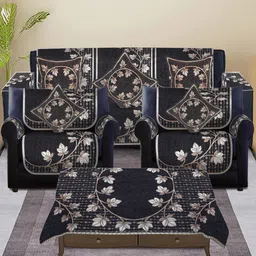 MULTITEX Grey & Beige Printed 5-Seater Sofa Cover With 5-Pcs Cushions & One Table Cover-image-36