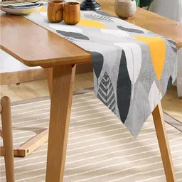 URBAN SPACE Grey & Yellow Leaf Printed 6-Seater Cotton Table Runner-12
