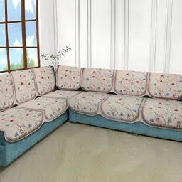 MULTITEX Beige & Maroon 6 Pieces Floral Velvet 6 Seater L Shape Sofa Covers-17