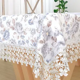 MONKDECOR White & Blue Floral Printed Cotton 4 Seater Table Cover With Lace Details-13