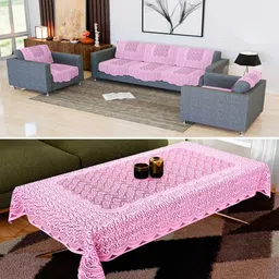 Kuber Industries Pink & White 11 Pieces Printed Cotton Sofa Cover & Table Cover-image-74