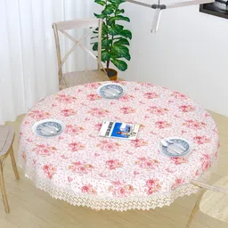 MONKDECOR White & Pink Floral Cotton Round 2-Seater Table Cover With Lace Details-picture-17