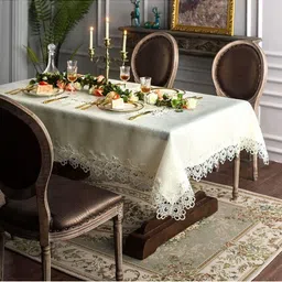 MONKDECOR Cream-Coloured Floral Cotton 8-Seater Table Cover-58