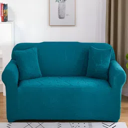 HOUSE OF QUIRK Teal Blue Self Design Jacquard Stretchable 1 Seater Sofa Cover With Arms-image-62