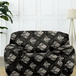 Cortina Black & Beige Printed 1-Seater Super-Stretchable Non-Slip Sofa Slipcover-image-73