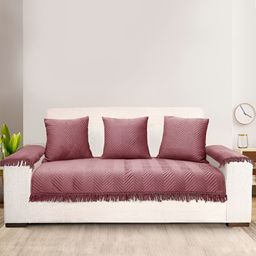 Saral Home Peach-Coloured 6 Pieces Striped Velvet Sofa Cover With Arms-17