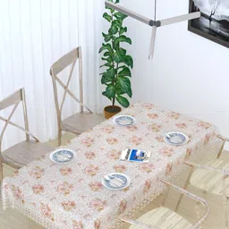 MONKDECOR White & Brown Floral Printed Cotton 6 Seater Table Cover With Lace Details-18