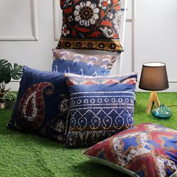 Aura Blue & White 5 Pieces Ethnic Motifs Velvet Square Cushion Covers-image-90