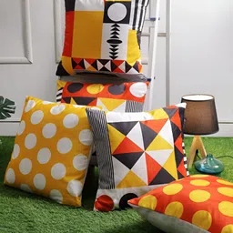 Aura Yellow & Orange 5 Pieces Geometric Velvet Square Cushion Covers-image-79