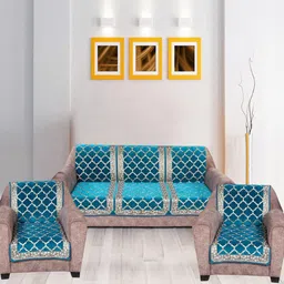Nendle Turquoise Blue Damask Printed Velvet 5 Seater Sofa Covers-picture-31