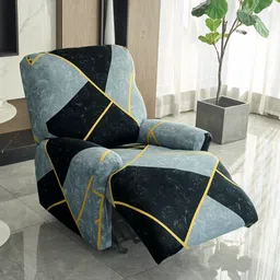 HOKIPO Blue & Black 1 Seater Printed Recliner Sofa Covers With Arms-image-49