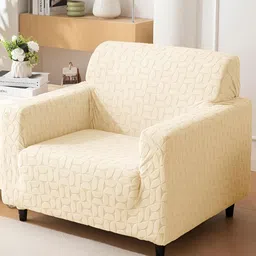HOUSE OF QUIRK Beige Jacquard Single Seater 220 GSM Sofa Cover With Arms-image-95