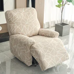 HOKIPO Beige & White 1 Seater Printed Recliner Sofa Covers With Arms-image-30