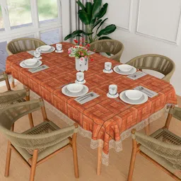 Kuber Industries Brown Geometric Printed Waterproof Plastic 6-Seater Table Cover-64