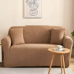 HOUSE OF QUIRK Camel Brown Self Design Jacquard Stretchable 2 Seater Sofa Cover With Arms-image-42