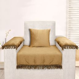 Saral Home Gold-Toned Striped Velvet 4 Piece Sofa Cover With Arms-10