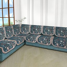 MULTITEX Sea Green & Red 6 Pieces Floral Velvet 6 Seater L Shape Sofa Covers-12