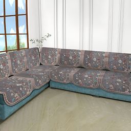 MULTITEX Silver Toned & Red 6 Pieces Floral Velvet 6 Seater L Shape Sofa Covers-6