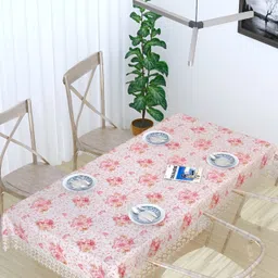 MONKDECOR White & Pink Floral Printed Cotton 6 Seater Table Cover With Lace Details-image-81