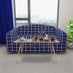 DREAM CARE Navy-Blue & White Checked Stretchable 3-Seater Sofa Cover With Anti Slip Foam Sticks-9