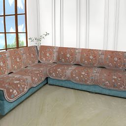 MULTITEX Peach & Red 6 Pieces Floral Velvet 6 Seater L Shape Sofa Covers-21