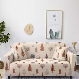 Cortina Beige Printed 4-Seater Stretchable Non-Slip Sofa Slipcover-image-40