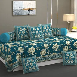 MULTITEX Turquoise Blue and Green 5 Seater Floral Sofa Cover With Table Cover & Diwan Set-picture-32