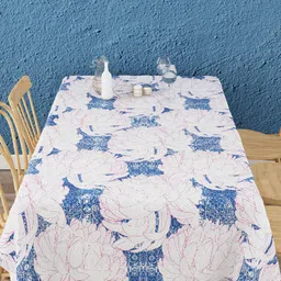 EverHome White & Blue Floral Digital Printed Cotton 6 Seater Table Cover-10