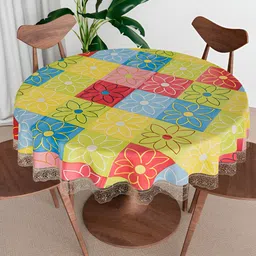 Kuber Industries Yellow & Blue Floral Waterproof Round 6-Seater Table Cover-68