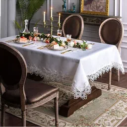 MONKDECOR White Floral Cotton 6-Seater Table Cover-50