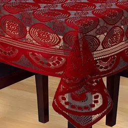 MONKDECOR Maroon Floral 6 Seater Cotton Rectangle Embellished Table Cover-image-4