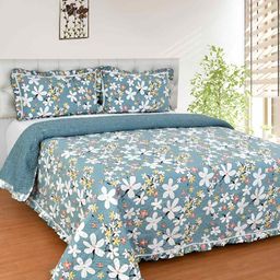 BREVARD Teal & White Floral Queen Size Bed Cover with 2 Pillow Covers-image-28