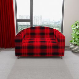 DREAM CARE Red & Black Checked 2-Seater Stretchable Sofa Slipcover With Foam Sticks-16