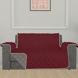 Kuber Industries Maroon & Grey Quilted Checked Design Both Sided 2-Seater Sofa Cover-image-45