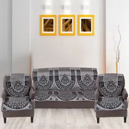 Nendle Black & Grey 6 Pieces Printed Cotton 5-Seater Sofa Covers-16