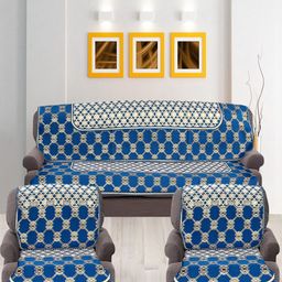 Nendle Blue & White 6 Pieces Printed Cotton 5-Seater Sofa Covers-image-13