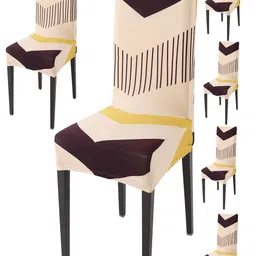 HOKIPO 6 Pcs Beige & Brown Printed Stretchable Chair Covers-image-24