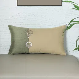 ZEBA Green & Beige Embroidered Rectangle Cushion Cover-image-26