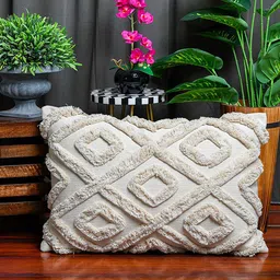 HERE&NOW Off White Textured Rectangle Cotton Cushion Covers-4