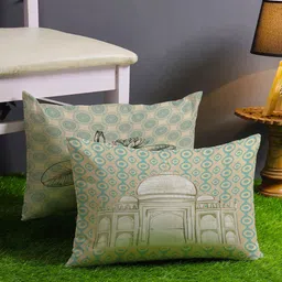 STITCHNEST Teal & Beige Set of 2 Ethnic Motifs Rectangle Cushion Covers-1