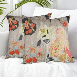 Tesmare Beige & Orange 2 Pieces Ethnic Motifs Suede Square Cushion Covers-18