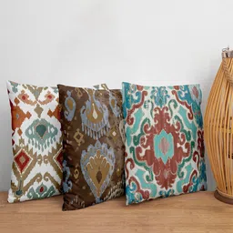 ZEBA White & Blue Set of 3 Ethnic Motifs Square Cushion Covers-40