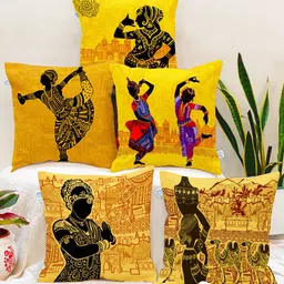 STITCHNEST Yellow & Purple Set of 5 Ethnic Motifs Square Cushion Covers-15